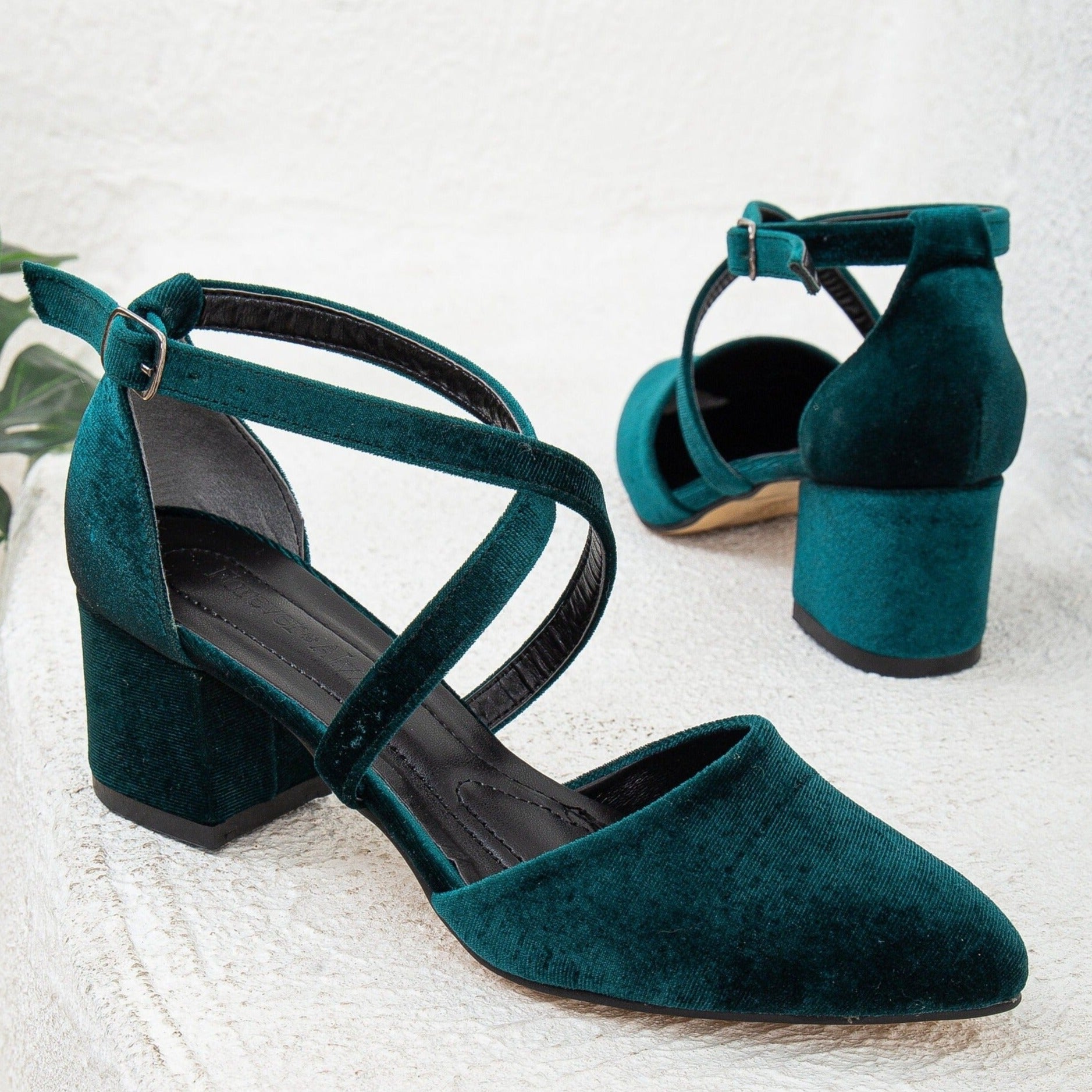 Green Velvet Heels, Green Velvet Shoes, Green Low Heels, Green Bridal Heels