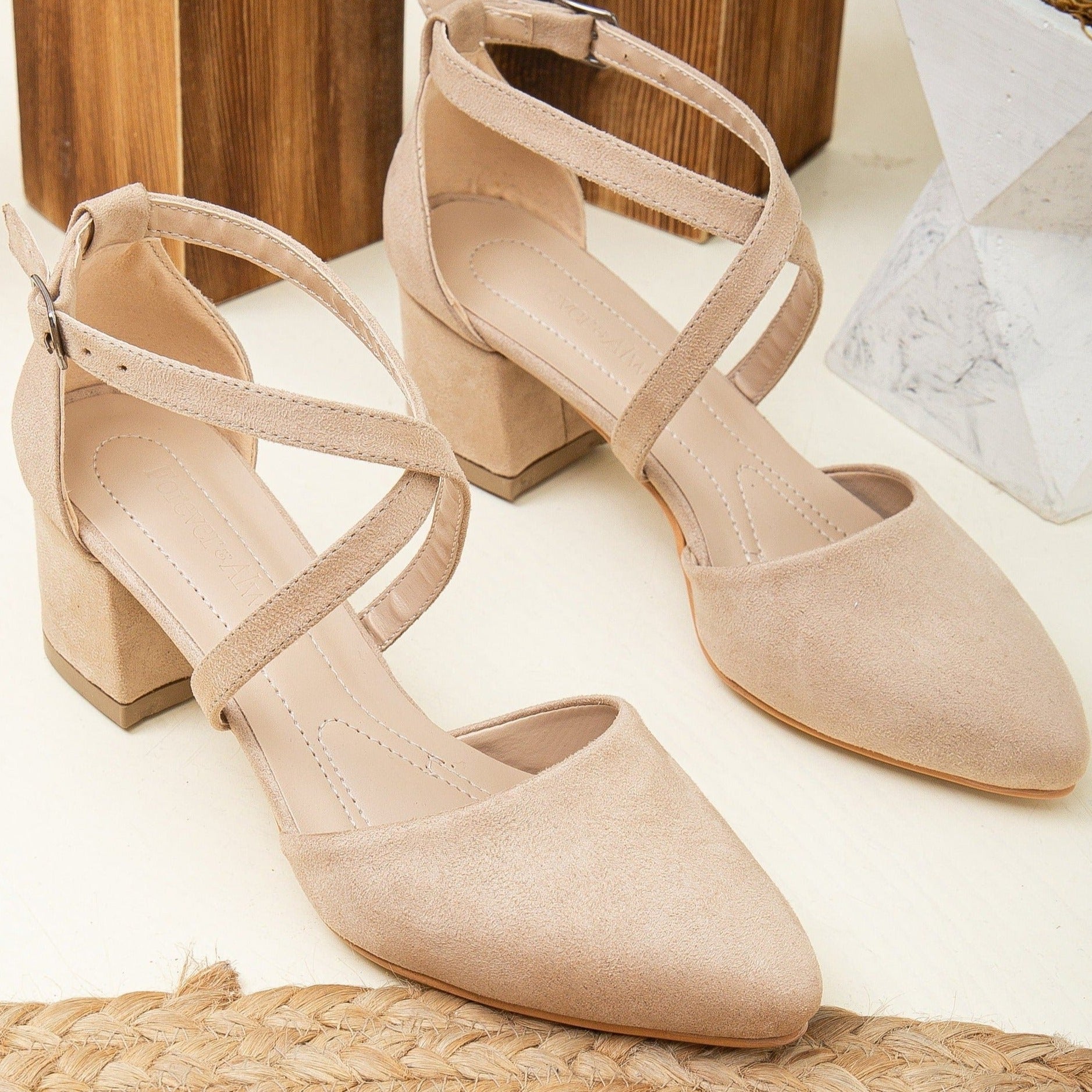 Beige Suede Heels, Beige Suede Shoes, Beige Low Heels, Beige Criss Cross Heels, Beige Suede Block Heels, Beige Wedding Heels, Beige Heels