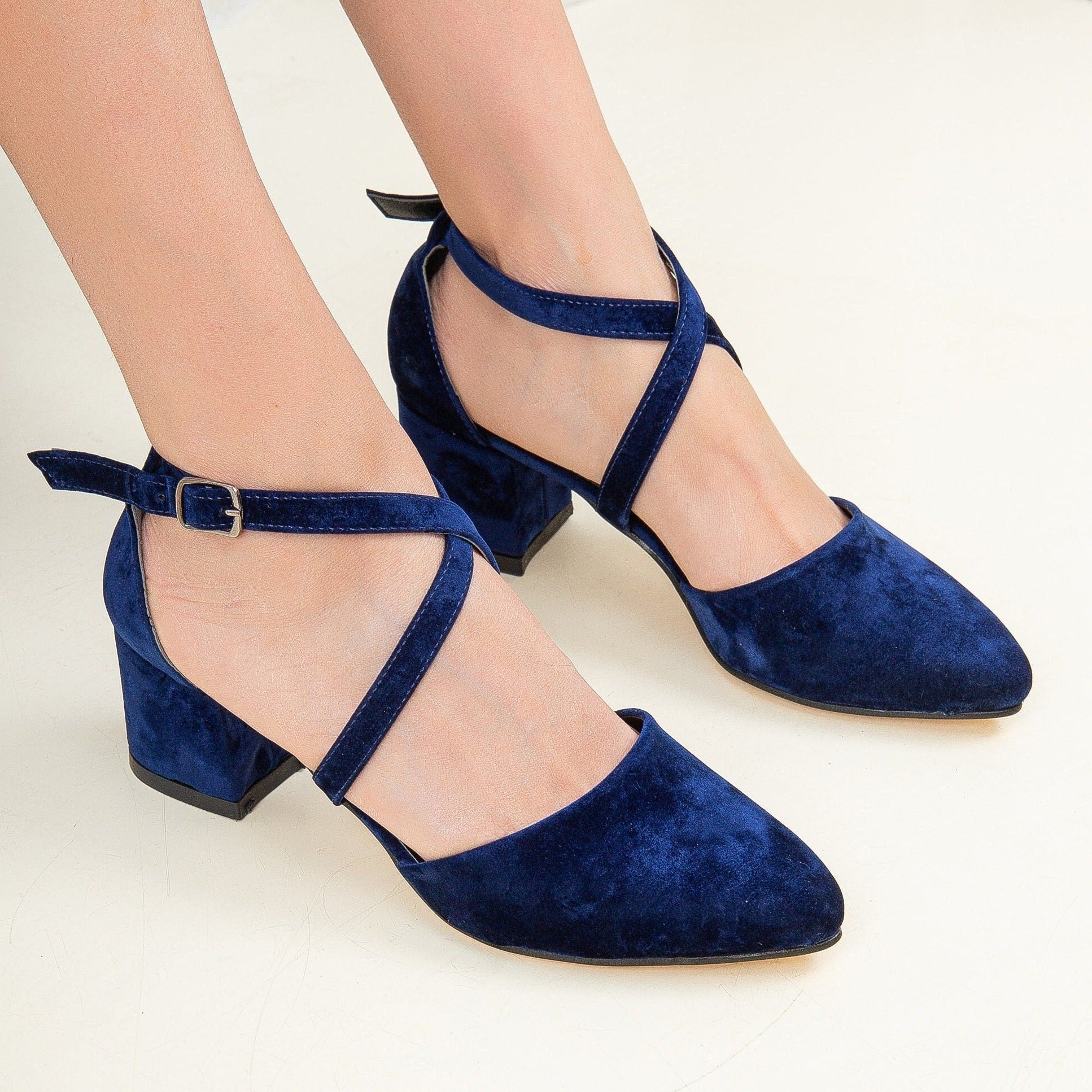 Blue Velvet Heels, Blue Velvet Shoes, Blue Low Heels, Navy Blue Heels, Criss Cross Heels, Blue Block Heels, Blue Wedding Heels, Blue Heels