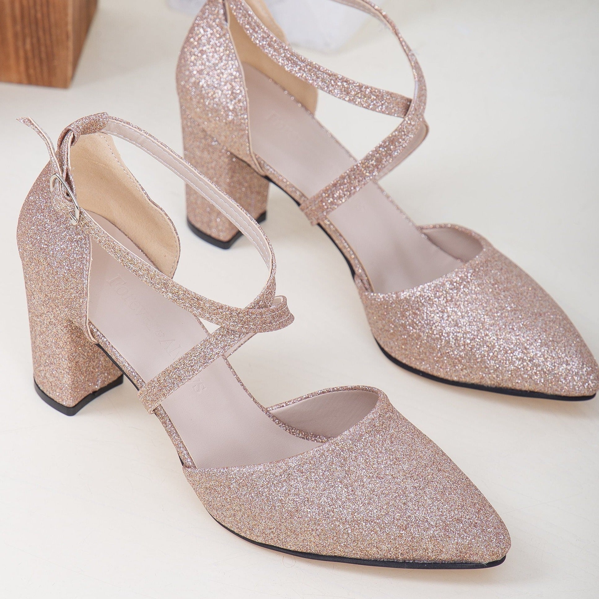 Rose gold wedding shoes block heel on sale