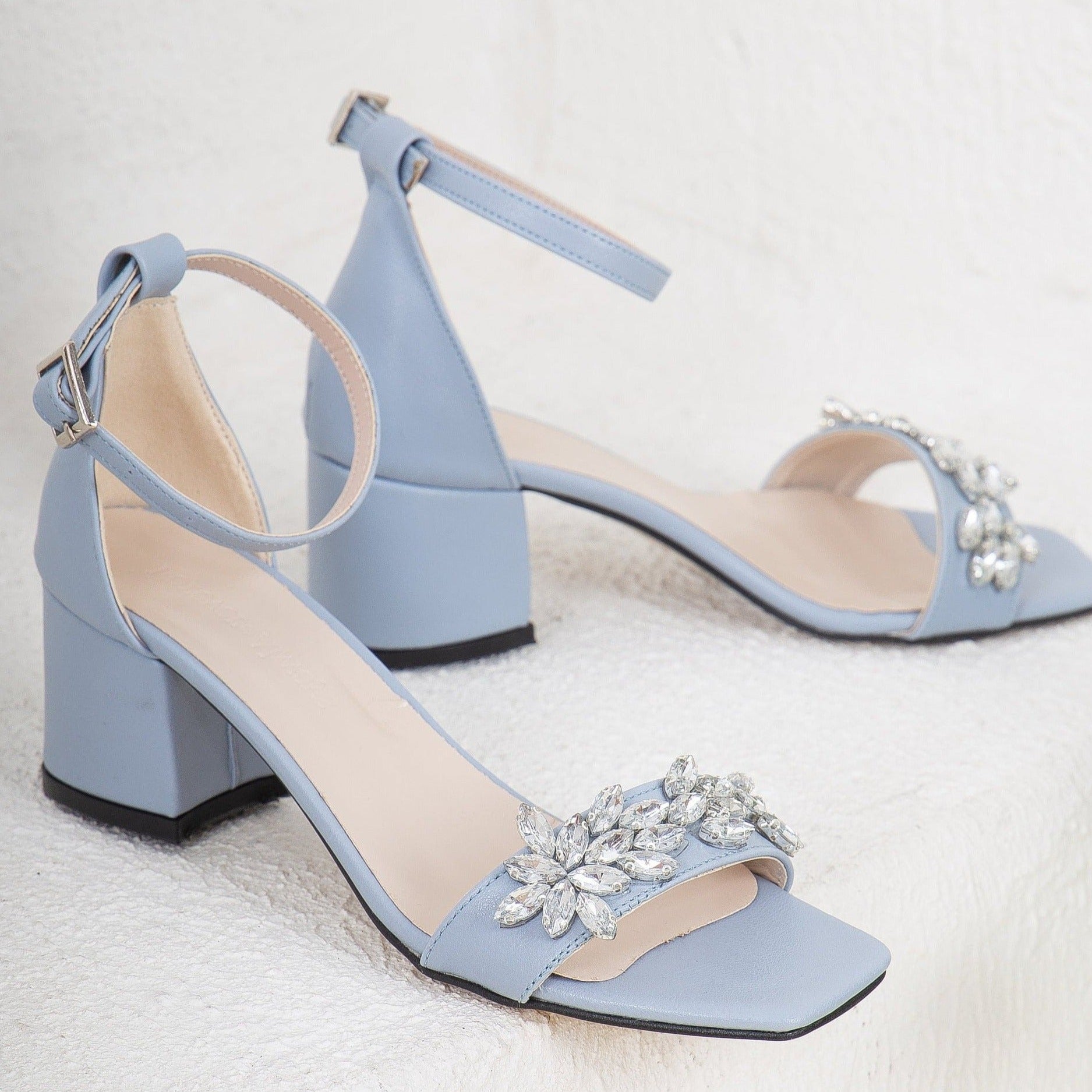 Blue Wedding Shoes with Rhinestones, Blue Block Heels, Blue Heels with Floral Rhinestones, Baby Blue Heels, Blue Sandals, Blue Wedding Heels