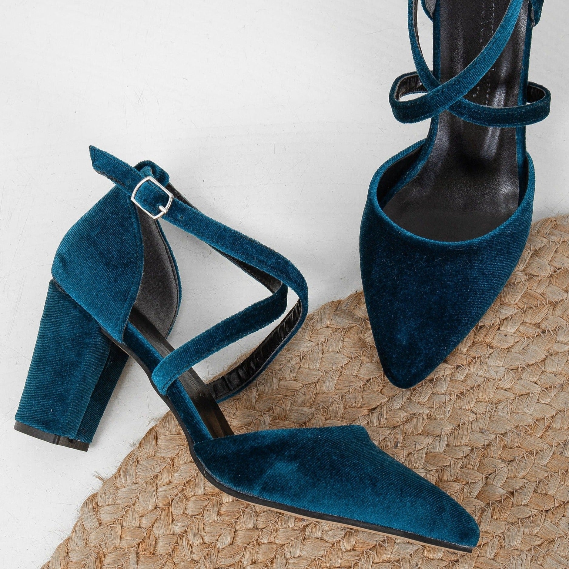 Teal Blue Velvet Court Shoes with a Low Kitten Heel