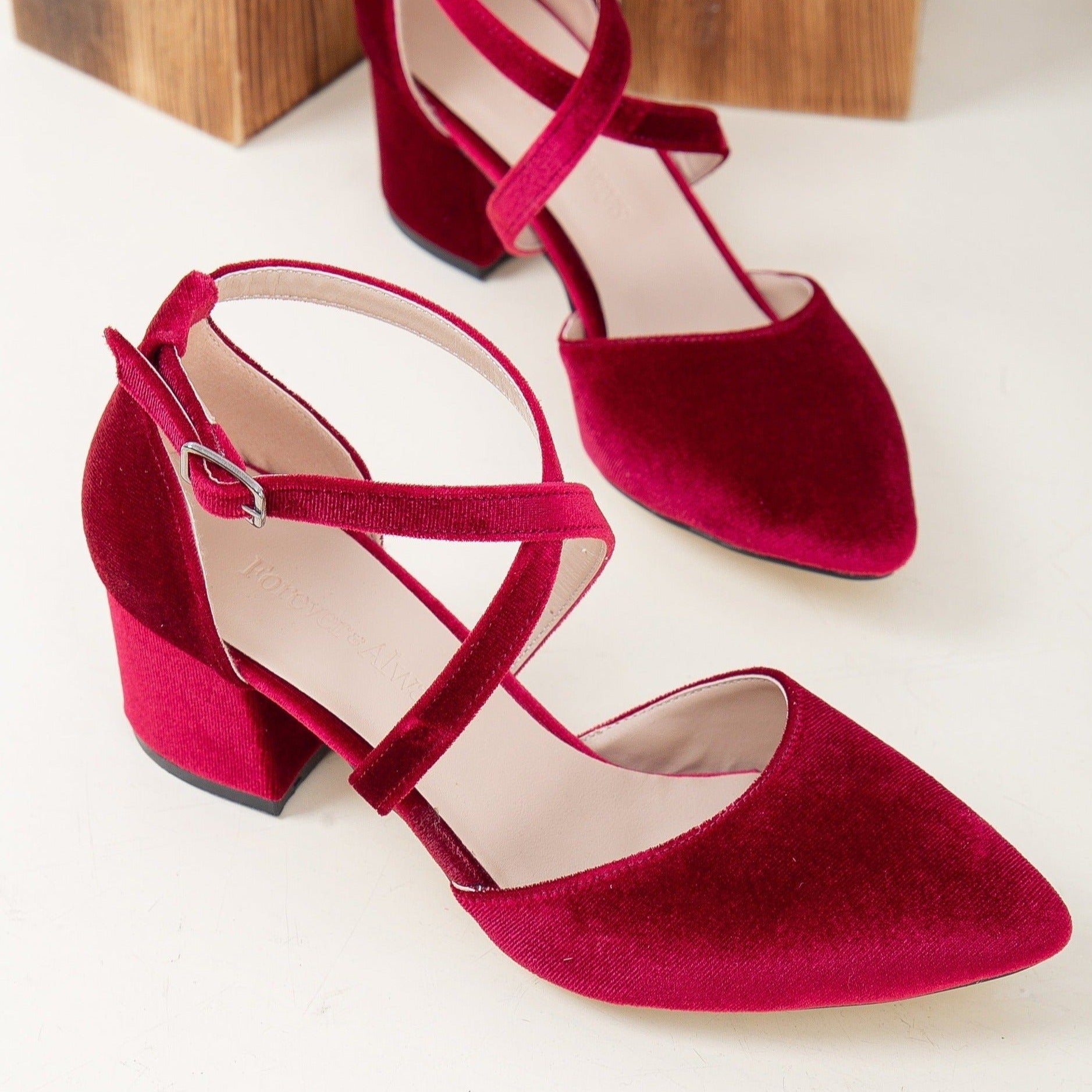 Dark red velvet heels best sale