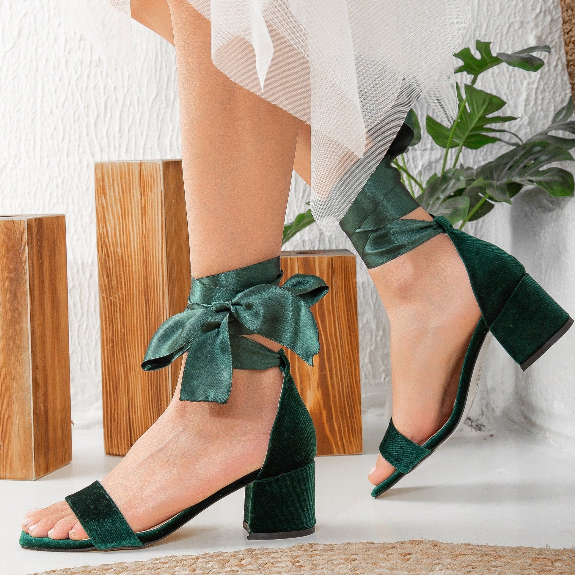 Green Velvet Sandals with Ribbon, Wedding Shoes, Green Velvet Sandals, Green Low Heels, Green Wedding Flats, Emerald Green Block Heels