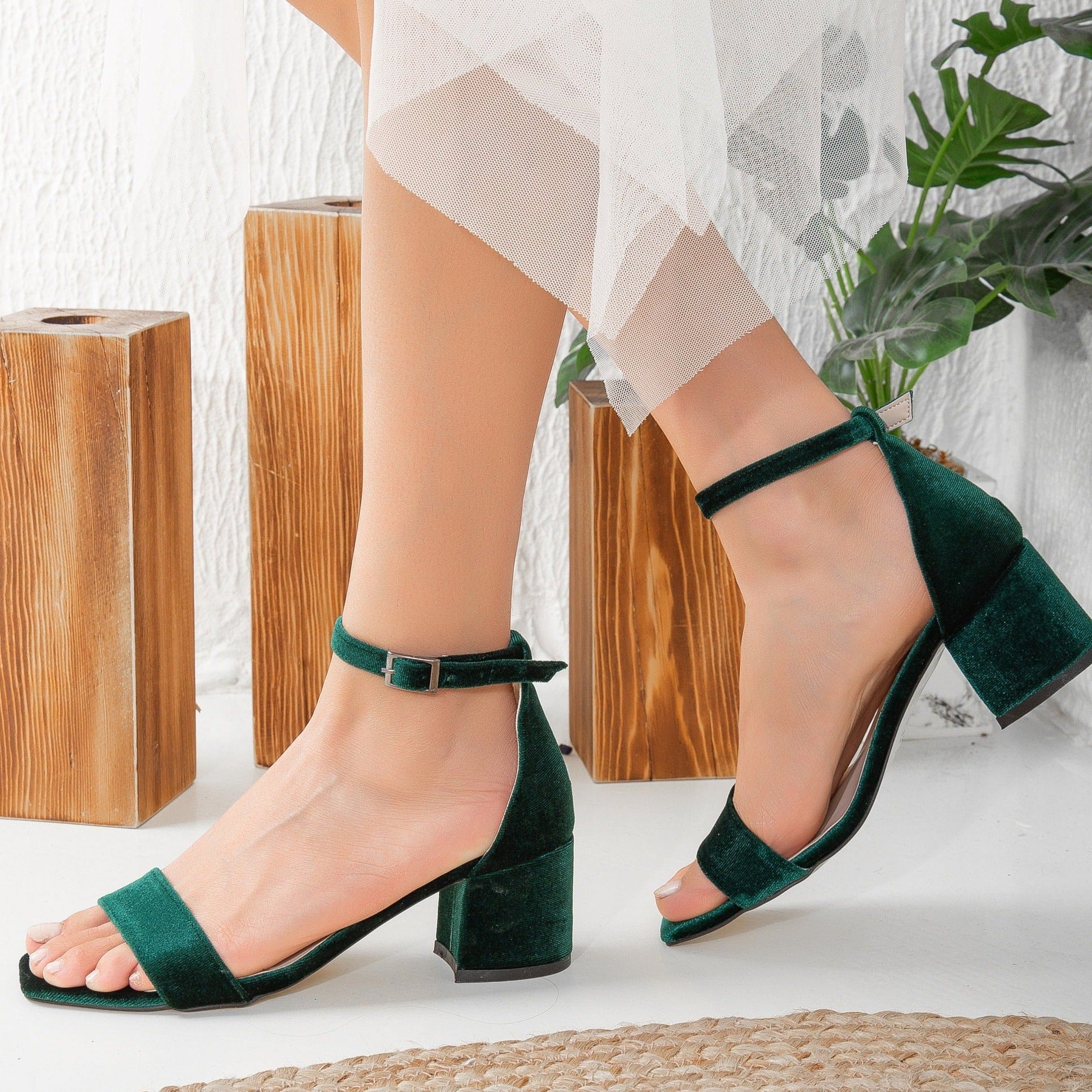 Green Velvet Sandals with Ribbon, Wedding Shoes, Green Velvet Sandals, Green Low Heels, Green Wedding Flats, Emerald Green Block Heels