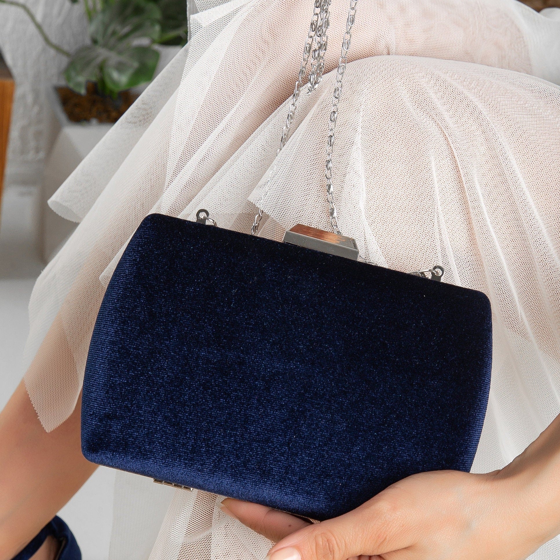 Navy velvet evening bag online